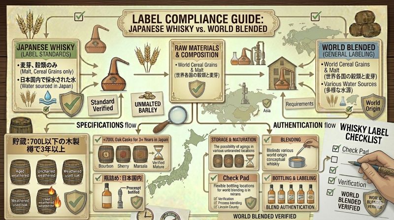 Japanese Whisky、World Blended、原材料、熟成地、ABV、日本を想起させる表示を確認するラベル比較資料風イメージ