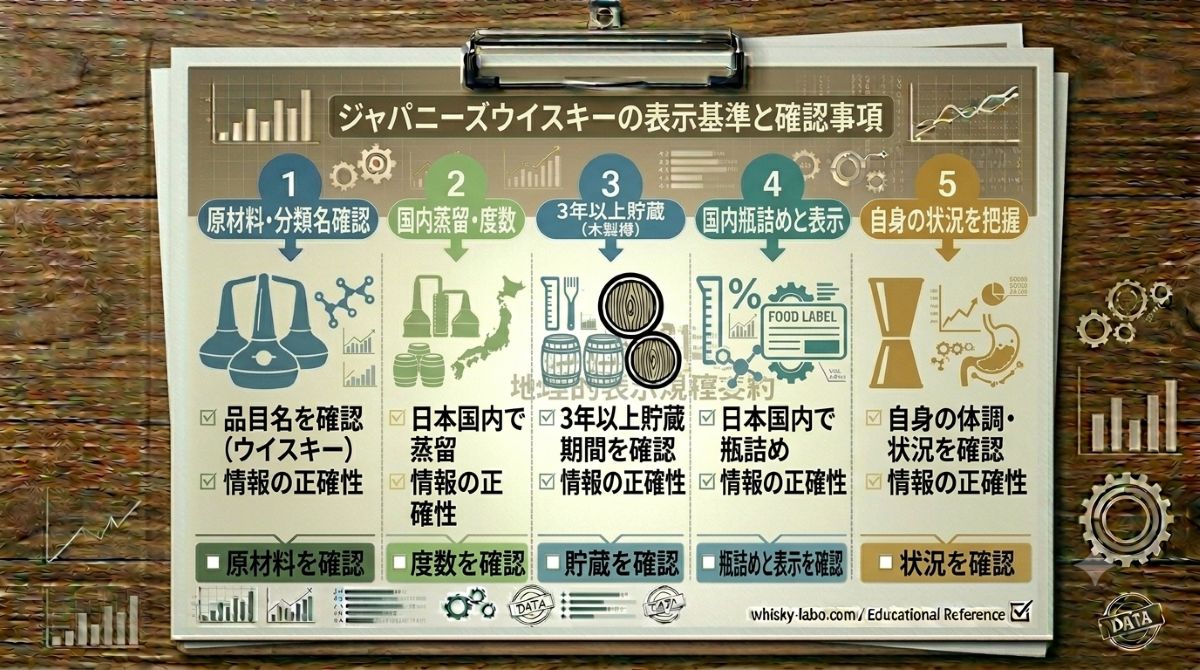 ジャパニーズウイスキーの定義と表示基準として原材料、国内蒸留、樽貯蔵、国内瓶詰め、アルコール度数を整理した資料風イメージ