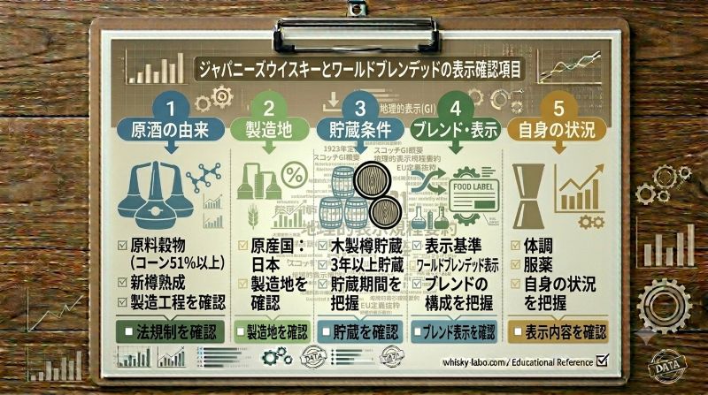 ジャパニーズウイスキーとワールドブレンデッドウイスキーの原酒の由来や表示確認の違いを整理した比較図