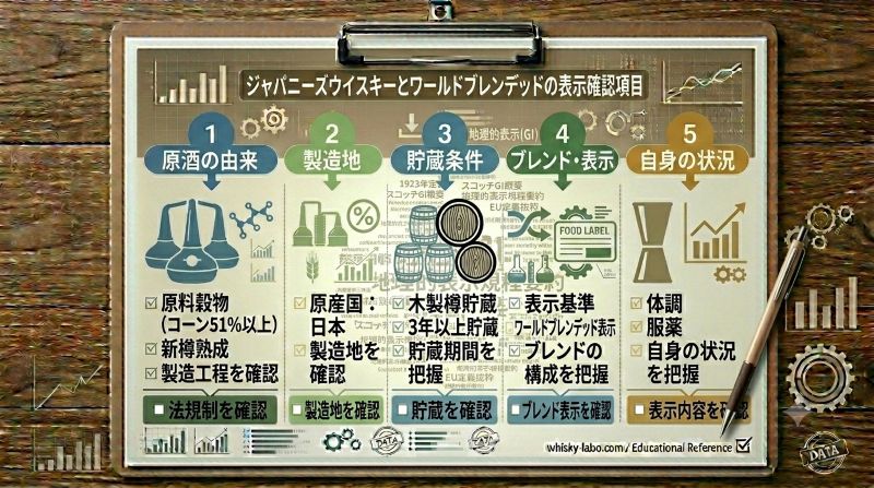 ウイスキーのラベルやメーカー公式情報で原酒の由来、製造地、貯蔵、瓶詰め地を確認するチェックリスト風イメージ