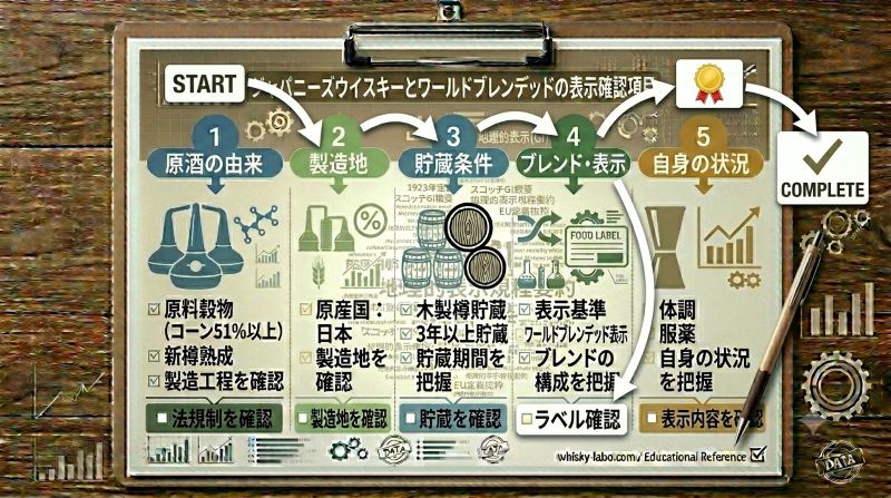 ジャパニーズウイスキーをラベル、公式情報、表示基準の順に確認して分類を整理する流れを示したフロー図