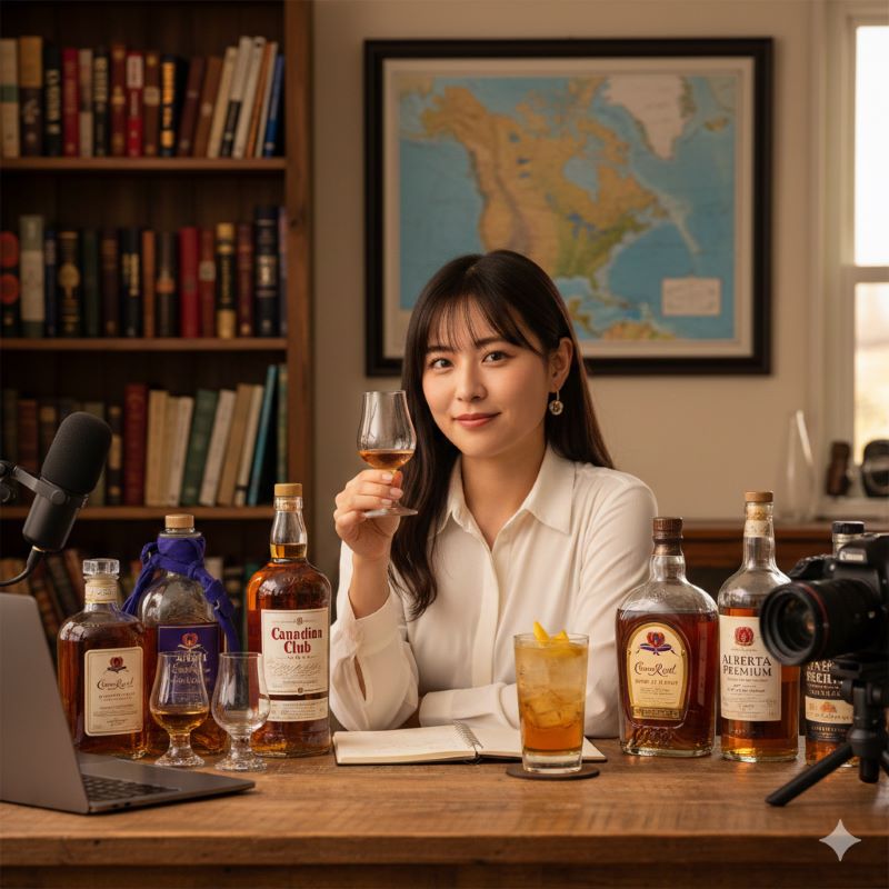 自宅のリビングでウイスキーグラスを片手に微笑む日本人女性のウイスキーガイド「のい」。テーブルにはカナディアンクラブやクラウンローヤル、アルバータプレミアムなど複数のカナディアンウイスキーボトルが並び、ノートパソコンとマイク、カメラも置かれている。