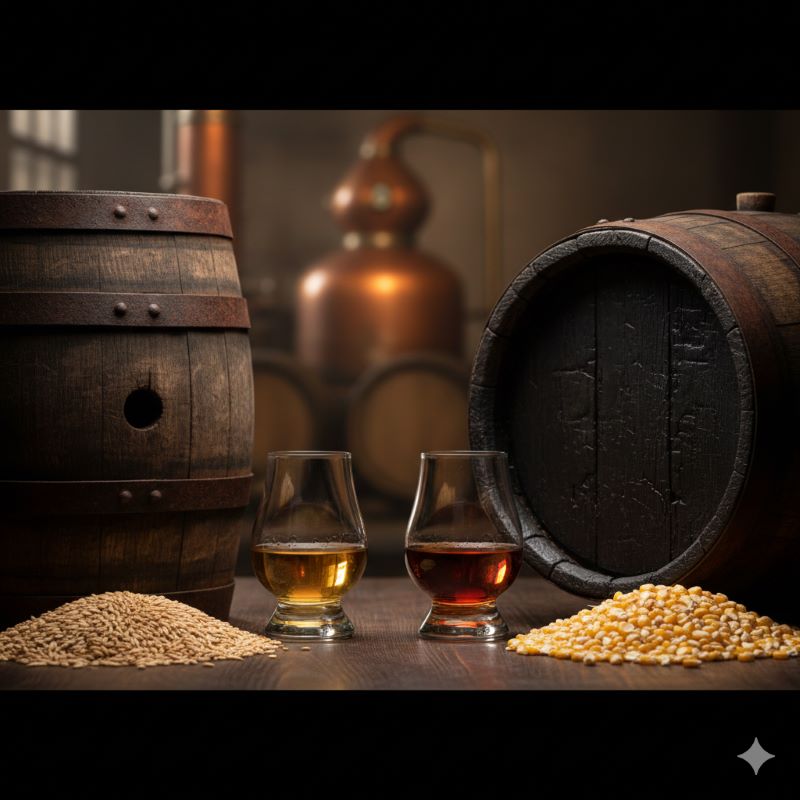 カナディアンウイスキーとバーボンウイスキーの製法を視覚的に比較した静物画。左側は古樽とライ麦、右側は新品の焦がしたオーク樽とトウモロコシが強調されており、両者の熟成方法と原料の違いを示している。