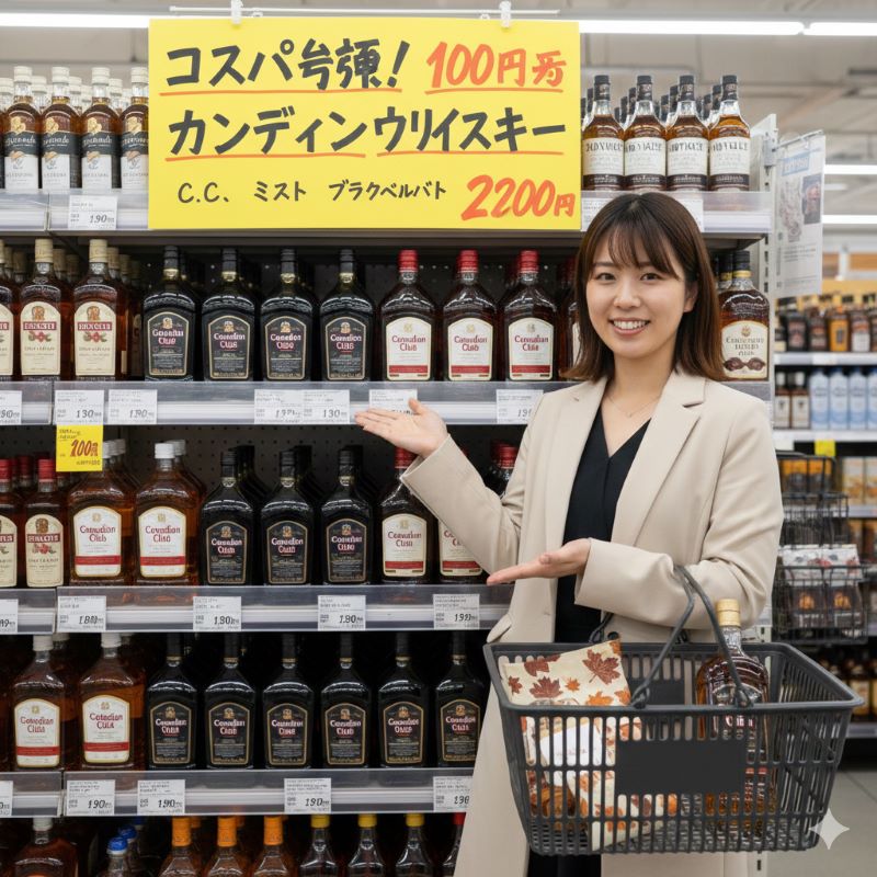スーパーマーケットの酒類売り場で、カナディアンウイスキーの棚を指し示す笑顔の日本人女性。棚には「カナディアンクラブ」や「カナディアンミスト」、「ブラックベルベット」など1,000円台のボトルが陳列されており、お得感を強調するPOPが飾られている。
