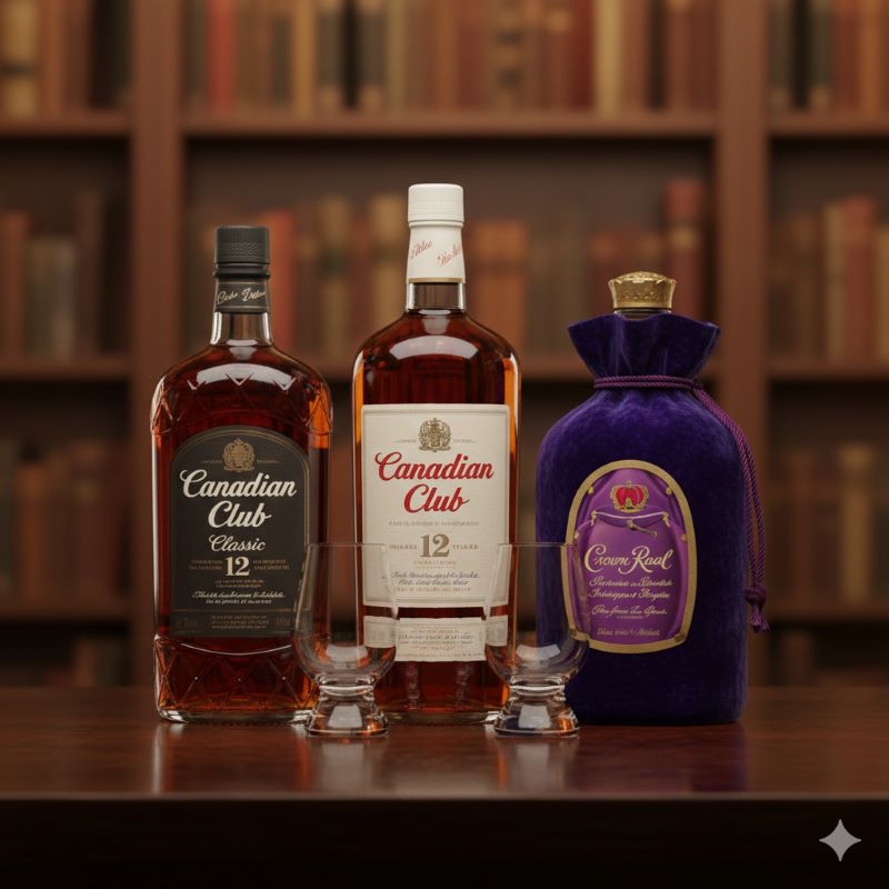 書斎の本棚を背景に、カナディアンクラブのスタンダードボトルと12年熟成ボトル、そして紫色の巾着袋に入ったクラウンローヤルが並べられている。手前には二つの空のウイスキーグラスが置かれている。