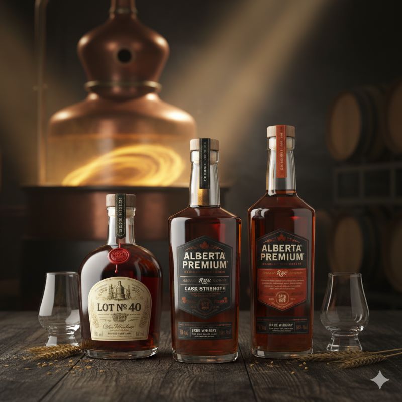 銅製のポットスチルと木樽が並ぶ蒸溜所の一角で、ライ麦を原料とするアルバータプレミアムのカスクストレングスと通常ボトル、そしてロット40のウイスキーボトルが、手前の木製テーブルに展示されている。テーブルには大麦の穂が添えられている。