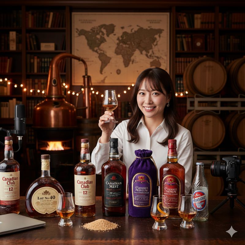 書籍やウイスキーボトルが並ぶ棚を背景に、笑顔の日本人女性が「酒のやまや」や「ドン・キホーテ」などで購入可能なカナディアンウイスキー、例えばカナディアンクラブ、ブラックベルベット、カナディアンミストなどを紹介している。テーブルにはメープルクッキーも置かれている。