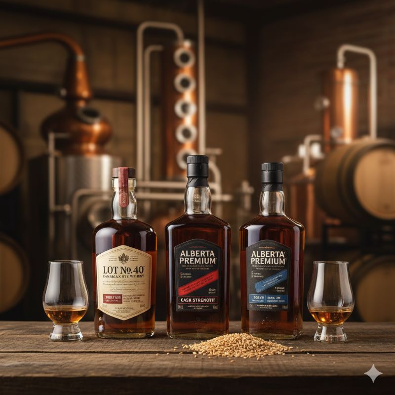 蒸留所の背景に、ライ麦を主原料とする「ロット40」と「アルバータプレミアム」のボトルが並べられている。手前にはライ麦の粒が置かれ、ライウイスキーの定義と多様な銘柄を視覚的に示している。
