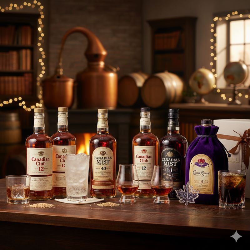 暖炉のある落ち着いた空間で、カナディアンクラブのボトルが複数、カナディアンミスト、そしてクラウンローヤルがギフト用の箱と共に並べられている。手前にはハイボールやロックのグラスが置かれ、様々な飲み方とギフト需要を表現し、人気ランキングの傾向を視覚化している。