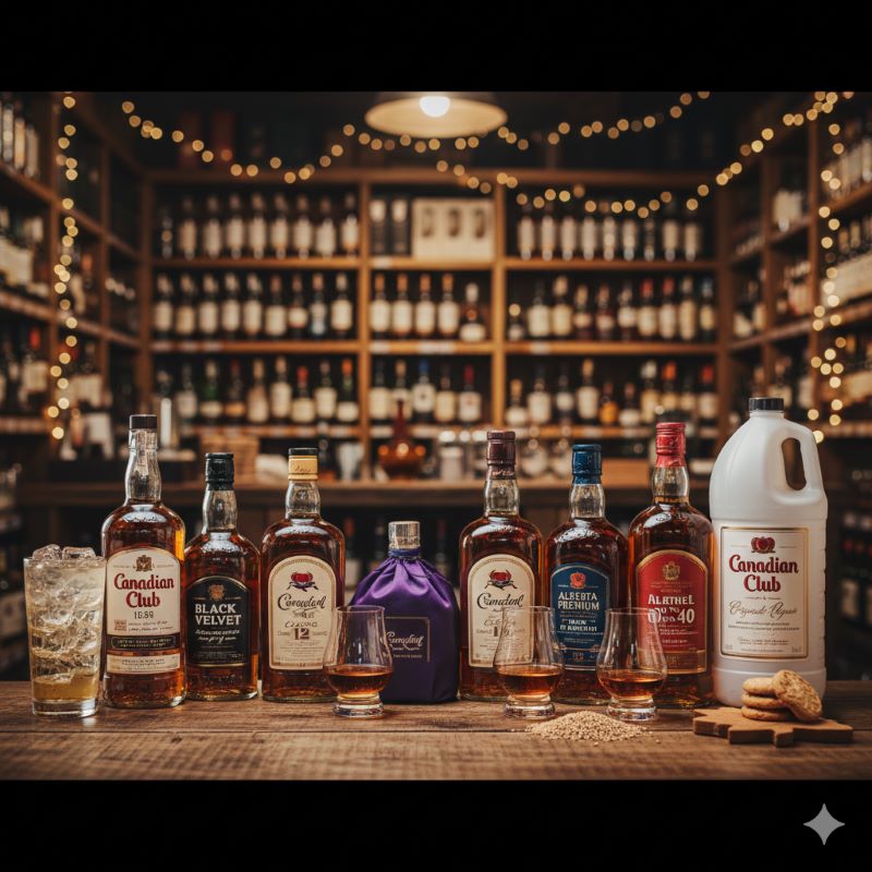 充実した品揃えの酒屋の棚を背景に、様々なカナディアンウイスキーのボトルが並べられている。カナディアンクラブ、ブラックベルベット、クラウンローヤル、アルバータプレミアムなど、タイプ別におすすめの銘柄が展示され、多様な選択肢を提示している。