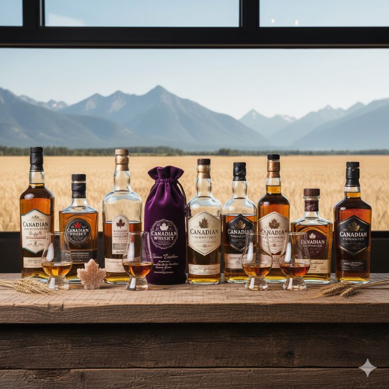 ブラックベルベットとカナディアンミストのボトルを、家庭のキッチンカウンターやリビングのテーブルに、ハイボールや水割りのグラスと共に並べる。日常の晩酌を楽しむ親しみやすい雰囲気を表現する。