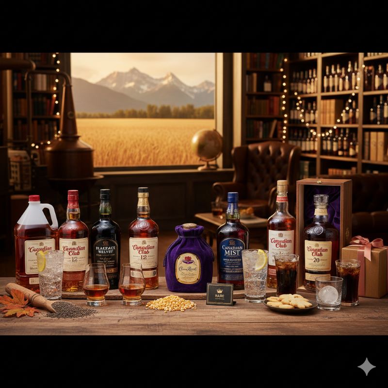 重厚な書斎の棚を背景に、木製の化粧箱に入ったカナディアンクラブ20年とJ.P. ワイザーズ18年のボトルが、高級感あふれるグラスやギフト用のリボンと共に配置されている。特別な贈り物にふさわしい長期熟成ウイスキーの品格を強調している。