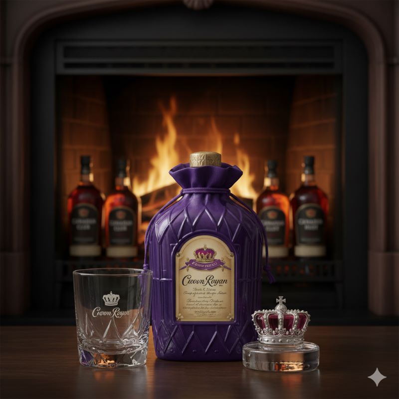 暖炉の炎を背景に、紫色の巾着袋に入ったクラウンローヤルのボトルが中央に配置されている。手前にはクラウンローヤルのロゴが入ったグラスと、王冠の装飾が置かれ、王室献上酒としての高貴なイメージと希少性を強調している。