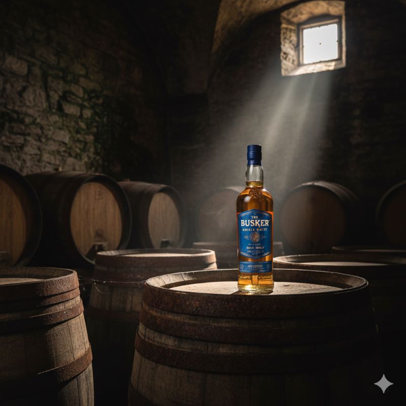 バスカー スモールバッチ シングルモルトのボトルが木製の樽の上に置かれている様子。薄暗い熟成庫の雰囲気。