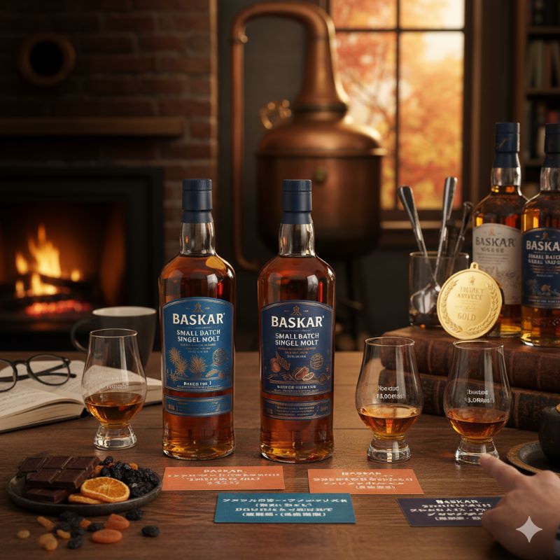 琥珀色のウイスキーが入ったグラスをテイスティングする日本人男性。テーブルにはダークチョコレートとドライフルーツが置かれている。