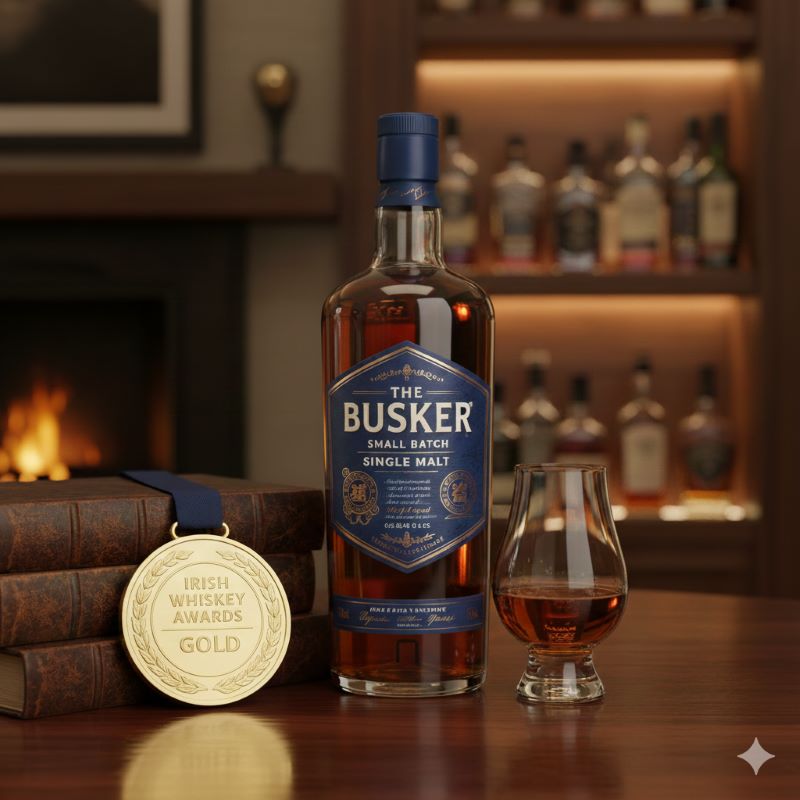 プレミアムなアイリッシュウイスキーのボトルと金賞メダル。高品質とコストパフォーマンスの高さを象徴するイメージ。