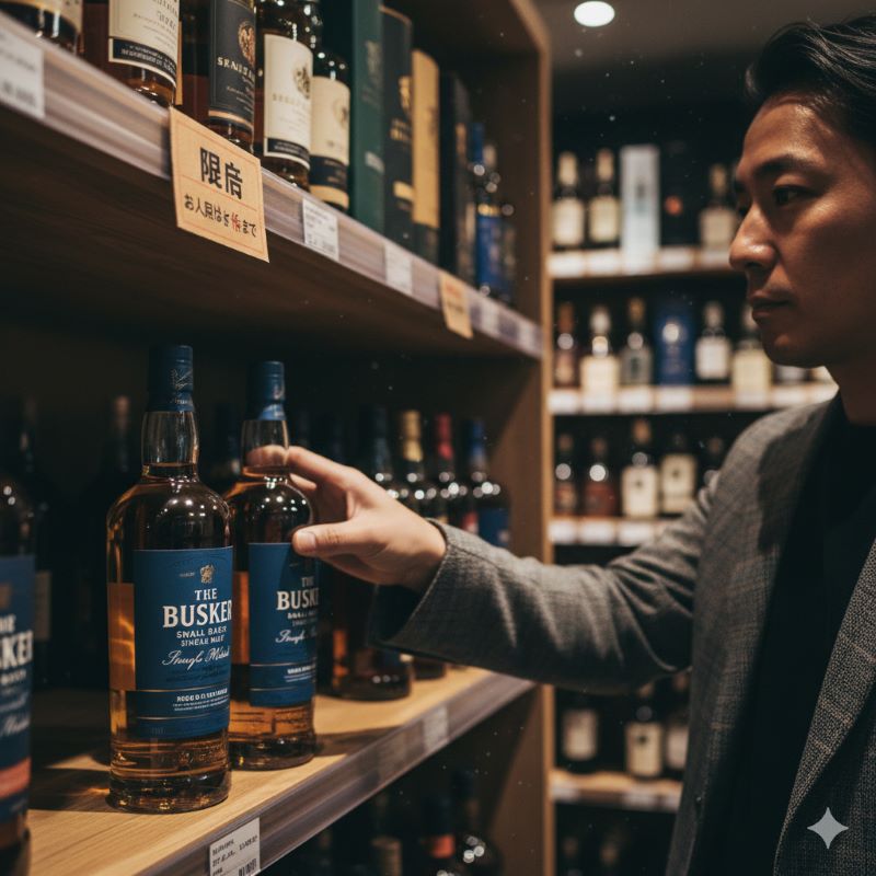 酒屋の棚から残り少ない人気のプレミアムウイスキーを手に取る客。限定品の人気と品薄感を示唆する様子。