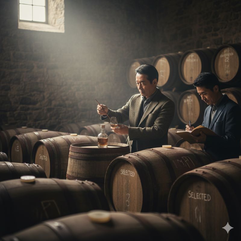 熟成庫で多数の樽の中から特定の樽を厳選するマスターブレンダーの様子。スモールバッチの希少性とこだわりを表現。