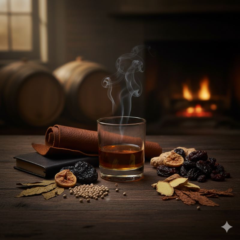 シングルポットスチルの特徴的な味わいであるスパイス、ドライフルーツ、レザーのニュアンスをイメージした静物画。