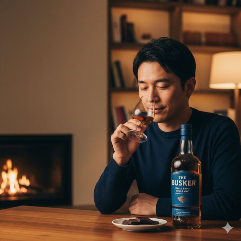 自宅でウイスキーを楽しみ、その価格以上の味わいに満足している日本人男性の様子。