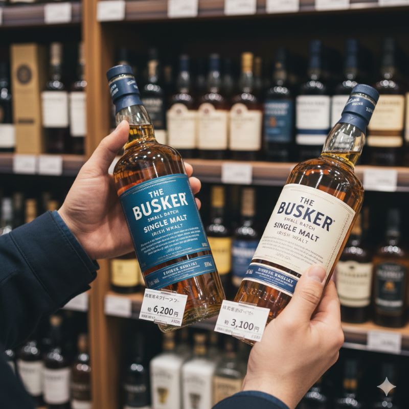 酒販店の棚に並ぶウイスキーを見比べ、価格と商品を検討している買い物客の手元。