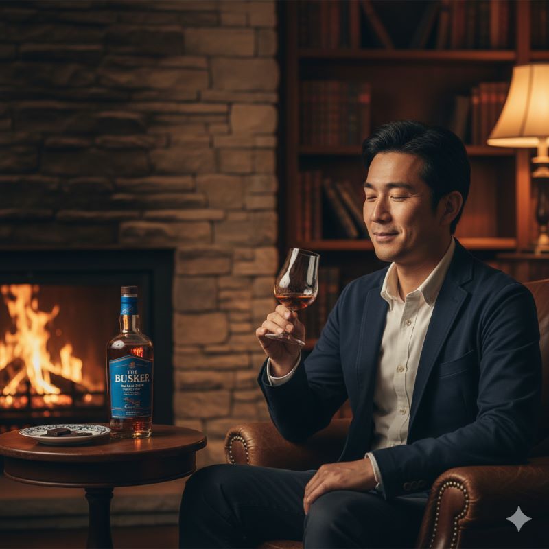 ゆったりとした夜の時間にウイスキーを楽しむリラックスした空間。記事の締めくくりとして至福のひとときを表現。
