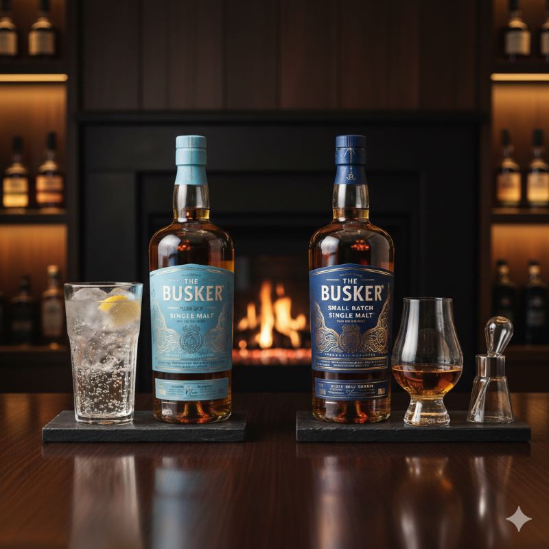 バスカーの通常版シングルモルト（青ラベル）とスモールバッチ・シングルモルトのボトル比較。飲み方の違いを示唆するグラス配置。