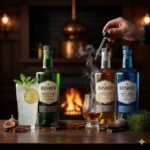 バスカーの通常版（緑のボトル）とプレミアムラインのスモールバッチ（グレーや青のラベル）がバーカウンターに並んでいる様子