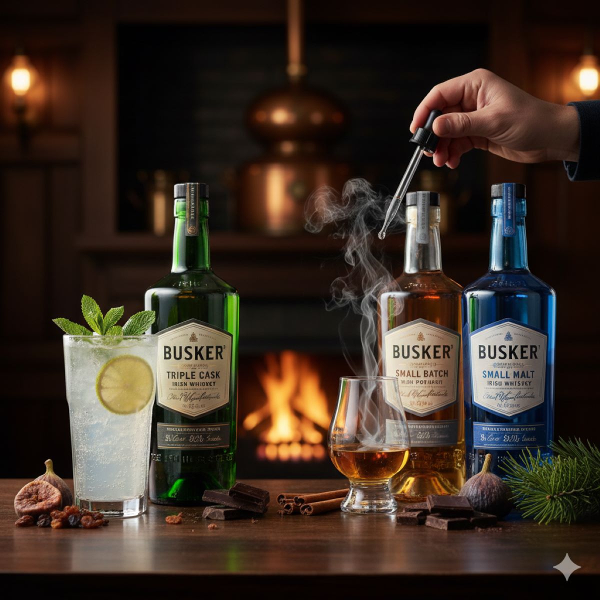 バスカーの通常版（緑のボトル）とプレミアムラインのスモールバッチ（グレーや青のラベル）がバーカウンターに並んでいる様子