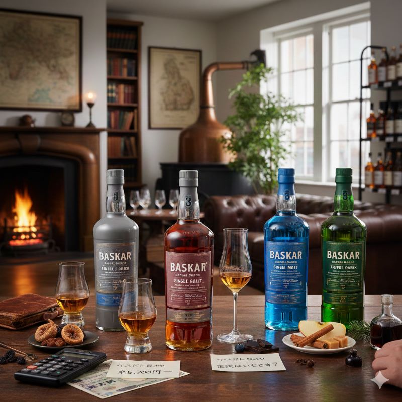 バスカーの通常版（緑のボトル）とスモールバッチ（透明ボトルにグレーラベル）の比較イメージ