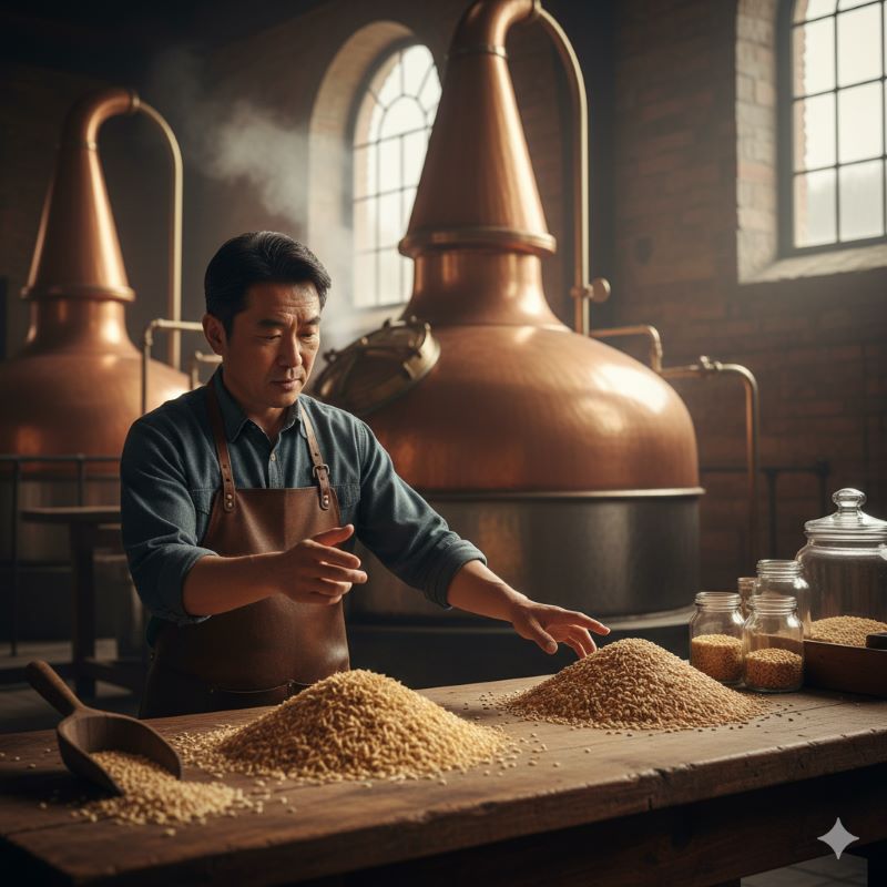 シングルポットスチルウイスキーの製造工程イメージ：銅製ポットスチルと原料の大麦（モルトと未発芽大麦）