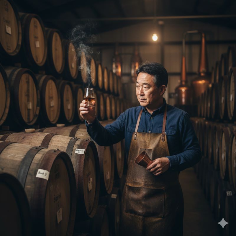 マスターブレンダーが熟成庫で厳選した樽をチェックする様子