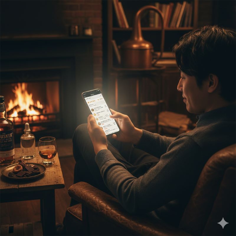 酒屋の棚に並ぶプレミアムウイスキーと価格帯をイメージさせるシーン