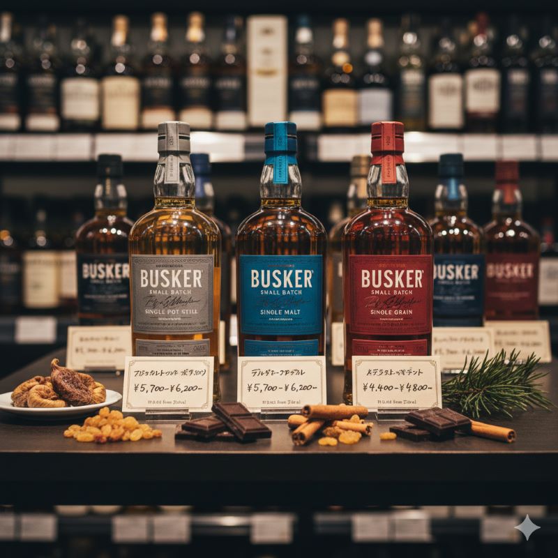 酒屋の棚に並ぶプレミアムウイスキーと価格帯をイメージさせるシーン