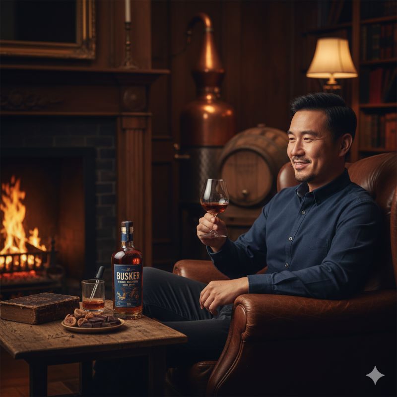 自宅でバスカー スモールバッチをゆったりと楽しむ満足げな様子のイメージ