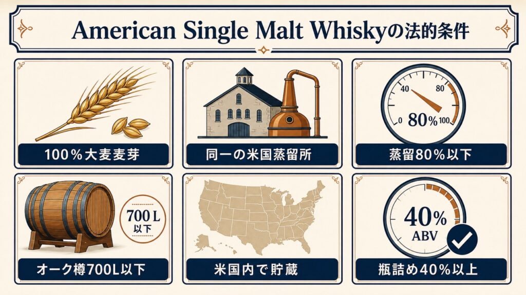 American Single Malt Whiskyの100%大麦麦芽・同一蒸留所・蒸留度数・樽容量・貯蔵場所・瓶詰め度数を示す図