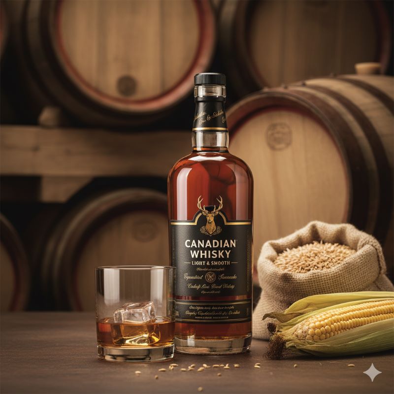 琥珀色に輝くカナディアンウイスキーのボトルとグラス。背景には穀物(ライ麦やトウモロコシ)の原料と、熟成に使われる古樽が配置されており、ウイスキーの製造過程とクリアでスムースな味わいを象徴している。
