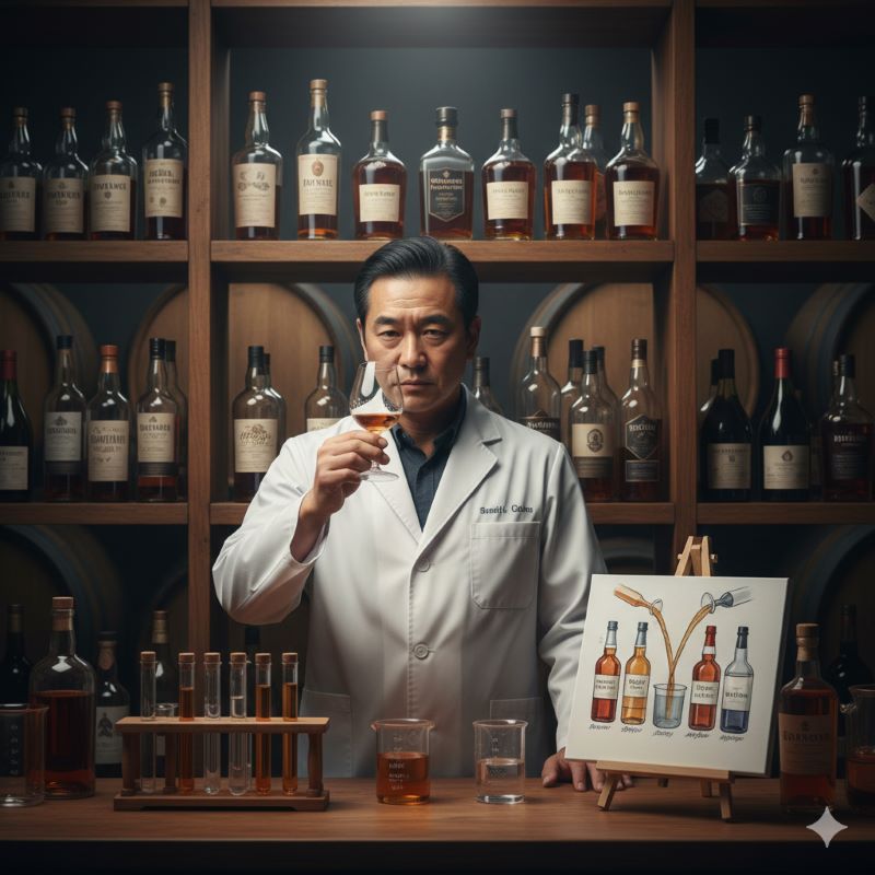 様々な色と形をしたボトルが並ぶ棚の前で、白衣を着たアジア人(日本人)の熟練したブレンダーが、ウイスキーの原酒が入ったグラスを真剣な表情でテイスティングしている様子。多種多様なスピリッツやワインがブレンドに使える「9.09%ルール」による創造性を表現。