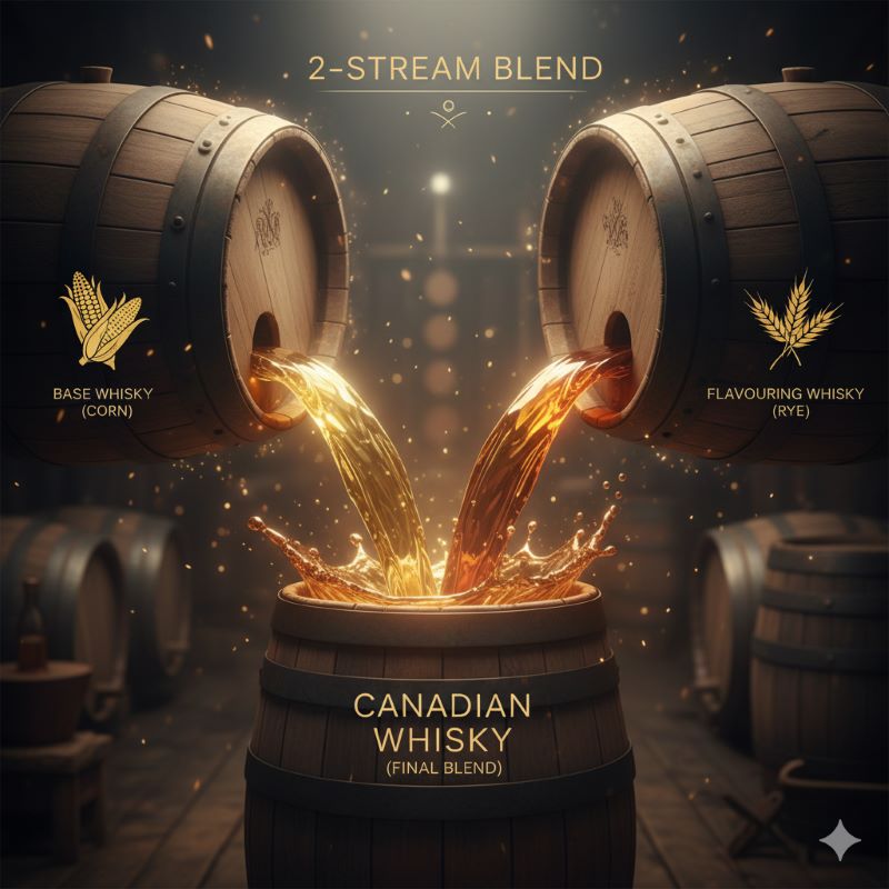 2ストリーム・ブレンドを視覚的に表現した画像。一つはトウモロコシが描かれたクリアなベースウイスキーの樽、もう一つはライ麦が描かれたスパイシーなフレーバリングウイスキーの樽。二つの樽から流れ出た液体が、一つの美しい琥珀色の流れとして融合し、カナディアンウイスキーのバランスの良さを示している。