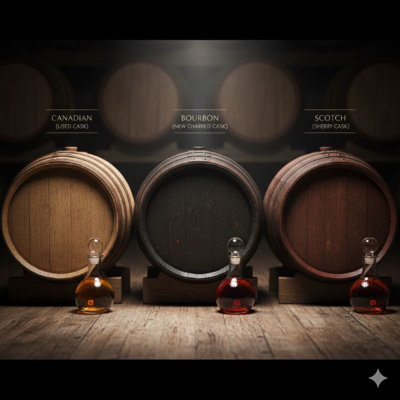 カナディアンウイスキー(古樽)、バーボン(強く焦がした新樽)、スコッチ(シェリー樽)の3種類の熟成樽が並び、それぞれのウイスキーの色合い(ライト、濃い、中間)と樽の状態を比較している。産地ごとの熟成樽の違いが味わいを決定づける様子を視覚的に示している。
