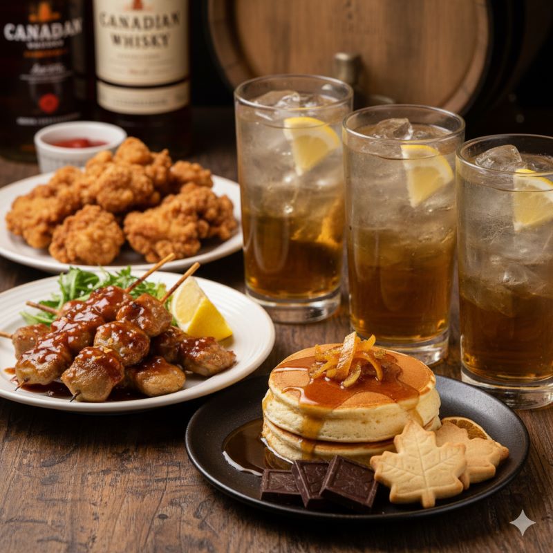 夕食の食卓で、日本の焼き鳥(タレ)や唐揚げ、そしてメープルシロップ風味のデザートが、氷とレモンスライスが入った爽快なハイボールと共に並べられている。カナディアンウイスキーが日本の食事(食中酒)やスイーツと相性が良いことを示すペアリングのシーン。