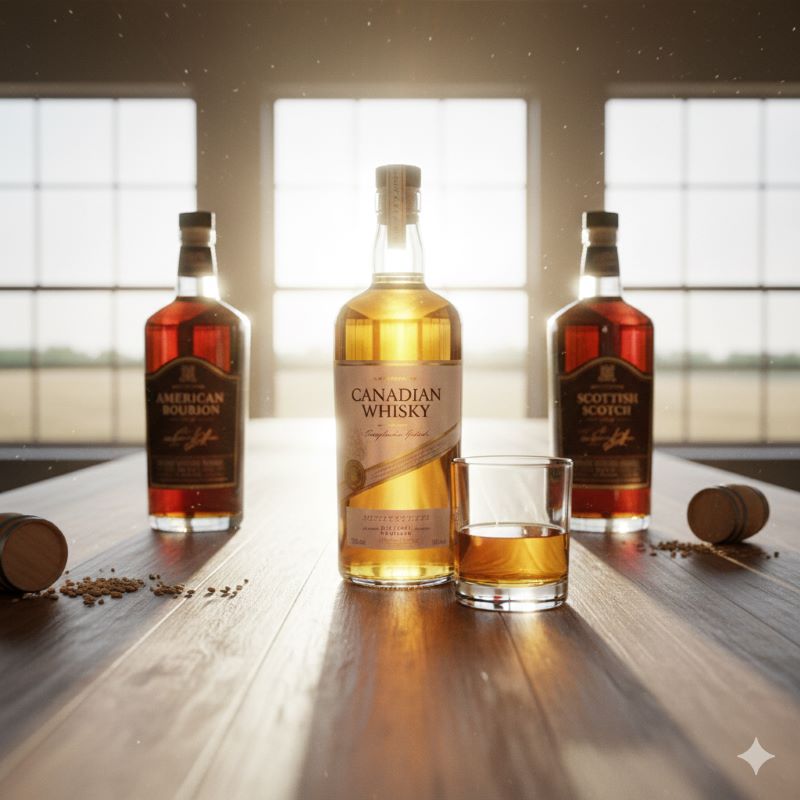 複数のウイスキーボトルとグラスが並べられ、中央のカナディアンウイスキーが他のウイスキーと比較して、より明るくクリアな色合いをしている。軽やかでスムースな味わいを表現するため、背景は明るく開放的な雰囲気。