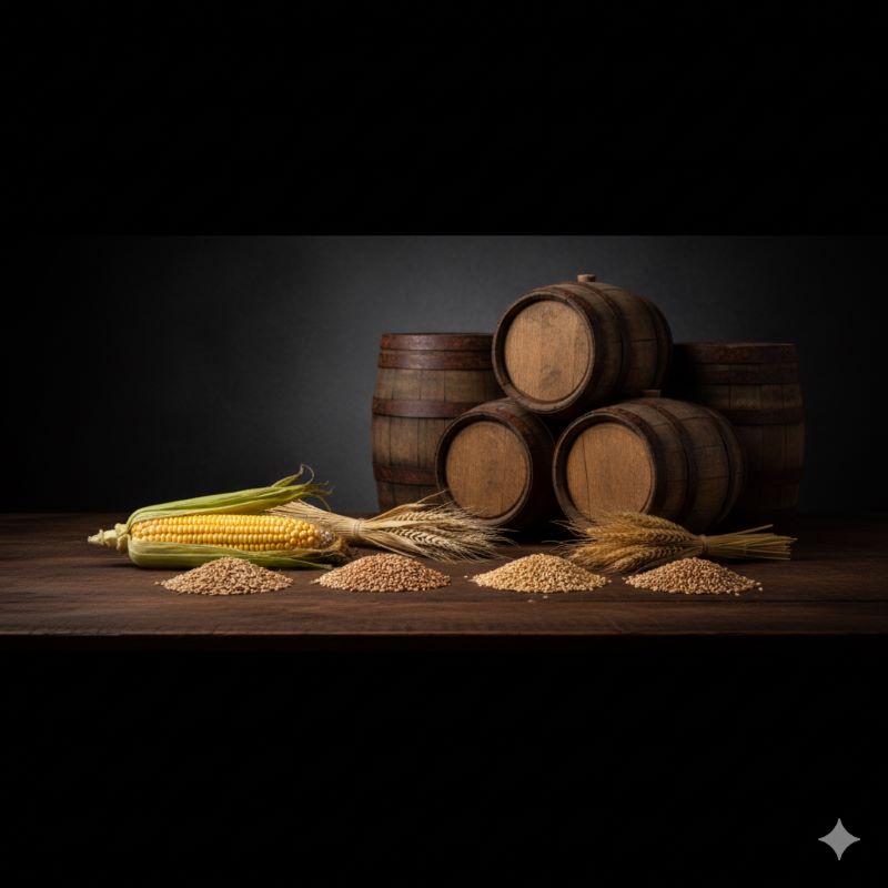 複数のウイスキーボトルとグラスが並べられ、中央のカナディアンウイスキーが他のウイスキーと比較して、より明るくクリアな色合いをしている。軽やかでスムースな味わいを表現するため、背景は明るく開放的な雰囲気。