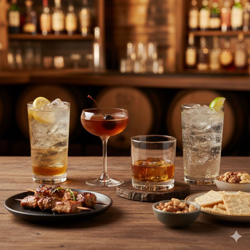 多彩なグラスに入ったカナディアンウイスキーのドリンクが並べられている。ハイボール、カクテル、ストレートなど、様々な飲み方でウイスキーの個性を楽しむ様子。手前には、ウイスキーと相性の良い軽食が少しだけ配置されている。