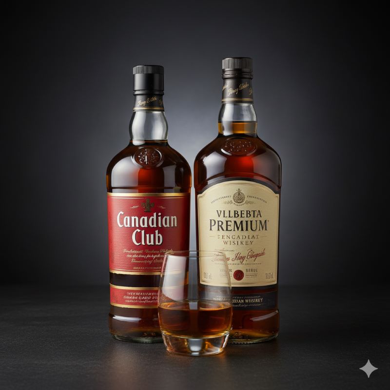 「カナディアンクラブ」と「アルバータ プレミアム」のボトルが並べられ、それぞれのウイスキーが注がれたグラスが手前にある。異なる特徴を持つ代表的なカナディアンウイスキーの銘柄を比較できるような構図。