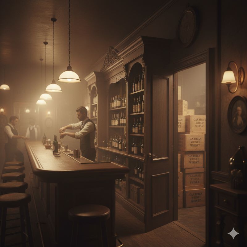 禁酒法時代の雰囲気を彷彿とさせる、レトロなバーカウンター。隠されたドアの向こうには、カナディアンウイスキーの木箱が積み上げられており、密輸の歴史と、カナディアンウイスキーがその時代に果たした役割を暗示している。