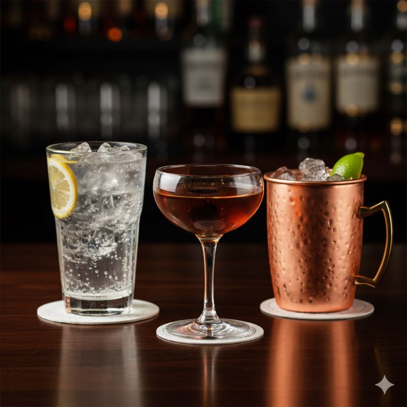 氷とレモンスライスが入った爽やかなハイボール、チェリーが飾られたクラシックなマンハッタン、そしてジンジャーエールで割られたドリンクが並べられている。それぞれのカクテルがカナディアンウイスキーのライトな酒質を最大限に引き出す飲み方を示している。