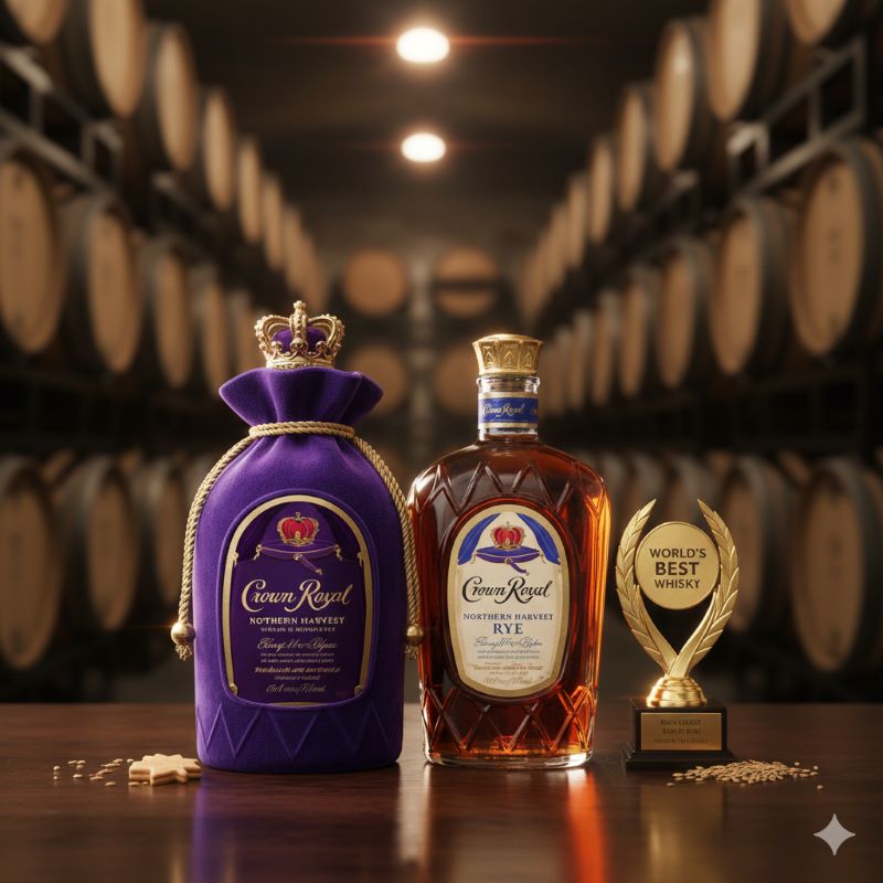 優美な紫色のオペラバッグに包まれた「クラウンローヤル」のボトルが中央にあり、その隣には「ノーザン・ハーベスト・ライ」のボトルが配置されている。高品質なプレミアムブランドとしてのクラウンローヤルの評価と、ライ麦ウイスキーとしてのトレンドを表現。
