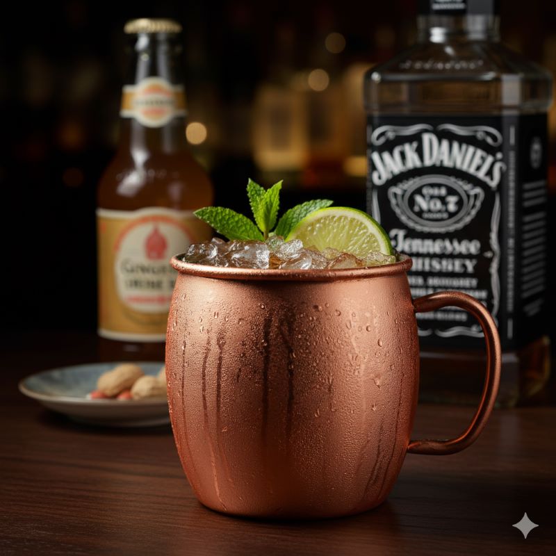銅製のマグカップに注がれ、ライムとミントが添えられた冷えたテネシー・ミュール