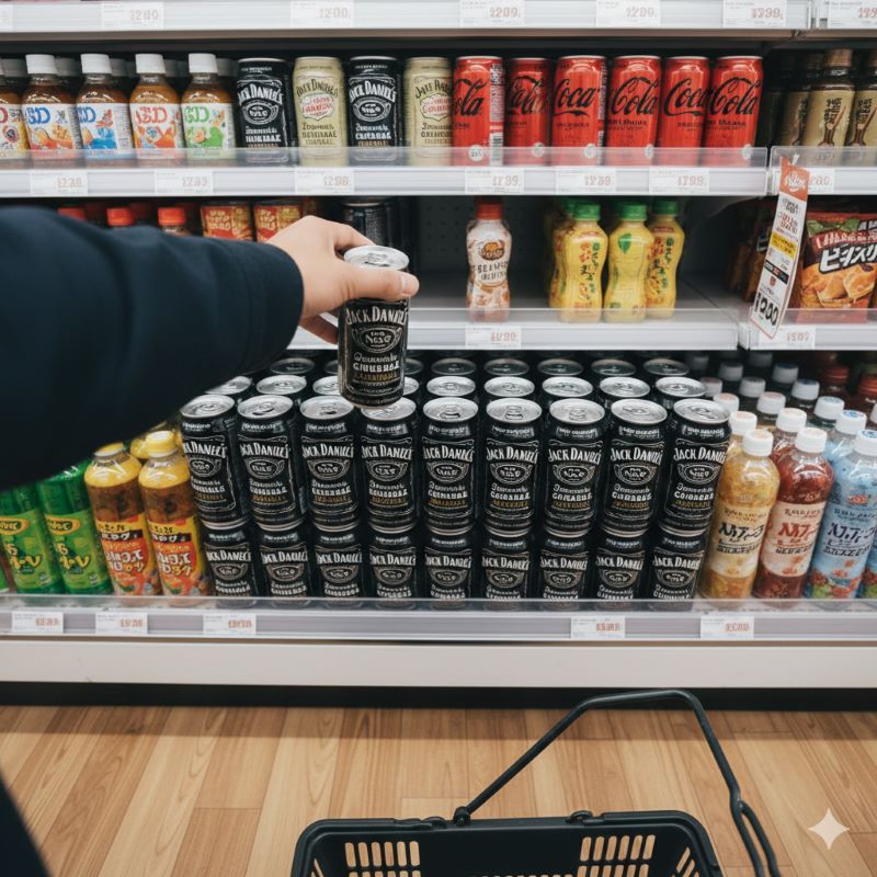 日本のコンビニエンスストアの冷蔵棚に陳列されたジャックダニエル＆カナダドライ缶に手を伸ばしている視点画像